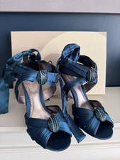 Bourne Ladies Navy Blue Diamanté Bejeweled Satin Look Tie Ankle Shoes EU36 UK3