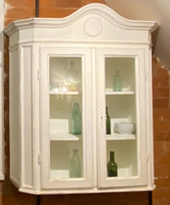 Antique French White Pine Wood Glass Front Wall Medicine Cabinet 111cm