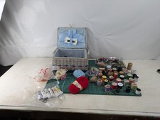 Vintage Floral Wicker Sewing Box & Contents Storage Basket Needles Threads Zips