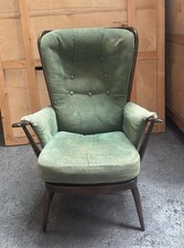 Ercol Highback Evergreen Vintage Dark Wood Green Upholstery Original Cushions 