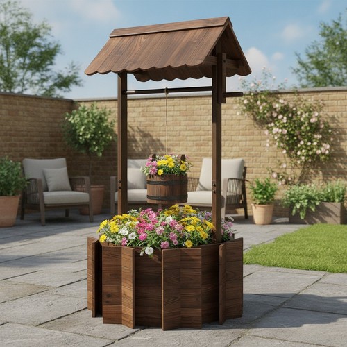 Wooden wishing well planter - wooden,