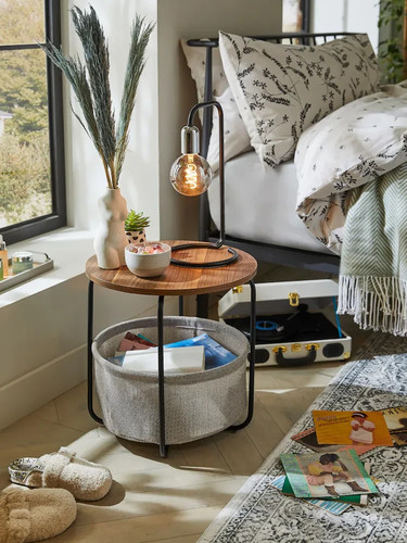 Dark fabric side table - side,