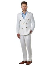 Mens Double Breasted Herringbone Linen Suit 2 Piece Tailored Fit Jacket Trouser