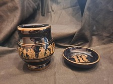 HAND MADE 24KT GREEK POTTERY, VASE AND SMALL DISH