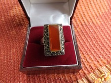 STERLING SILVER CARNELIAN & MARCASITE RING SIZE N - 7.1 GRAMS