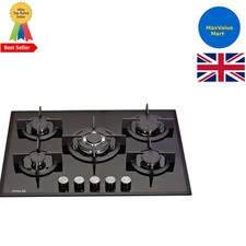 Luxury 70cm Black Tempered Glass Hob Cooktop with 5 Gas Burners & Safety Device
