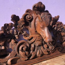 Antique Hand Carved Oak Mantle Pediment Hunting Dogs And Wild Boar 1.4M Wide