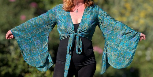 Teal green kimono wrap top - teal,