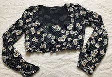 Zara Black Daisy Floral Print Long Sleeve Cropped Top - Size M Medium