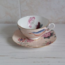Wedgwood Cuckoo Cup Saucer Duo Pink Bone China Floral Bird Cottage Farmhouse