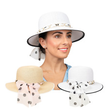 Summer Sale Ladies wide brim straw hat with polka dot gold chain link scarf band