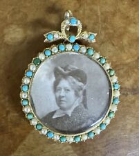 Antique Edwardian 9ct Gold Pearl Turquoise Round Locket Pendant