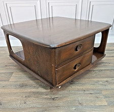 Retro Vintage Ercol Pandora Coffee Table on Castors – 2 Drawers - Solid Wood