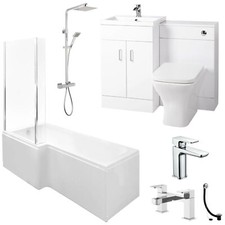 Nuie L-Shaped Complete Bathroom Suite Bath Toilet Sink Tap & Waste Modern Suite