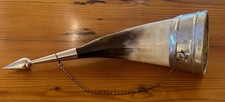 Vintage Cow Horn Drinking Vessel  White Metal Neck & Tail