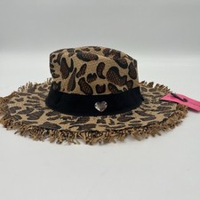 Betsey Johnson Leopard Print Straw Hat OS Frayed Brim Wide Black Band Festival