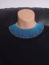 Zulu Necklace & Bracelet Set Glass Beaded Handmade in South Africa Blue & Silver