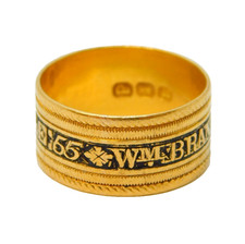 George III 22ct Gold Black Enamel Mourning Ring WM Branford, Antique 1819