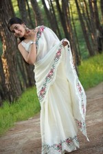 White soft silk saree flower embroidery bollywood party wear indian wedding sari