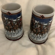Budweiser Holiday 1989 Vintage Beer Stein x2  ceramic drinking tankards Unboxed