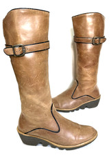 Ladies FLY LONDON Brown leather Mid Wedge Knee boots Size UK 6  39 Fab Cond