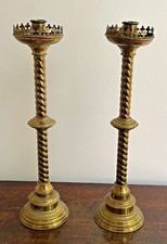 Beautiful pair 2 antique 19thC vintage very tall brass church altar candlesticks