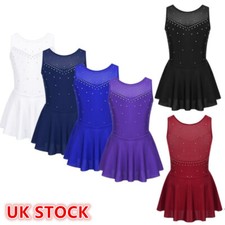 UK Girl Sleeveless Sparkly Figure Ice Skating Leotard Dress Skater Dance Costume