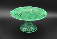 1890s Antique WEDGWOOD Green Majolica Comport with Grape & Strawberry Design