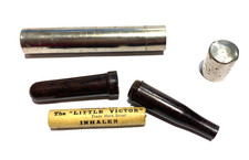 ANTIQUE 'THE LITTLE VICTOR INHALER' BAKELITE HOLDER AND SILVER METAL OUTER CASE