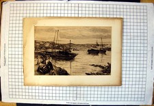 Old Etching Fishing Boats Nets Mother Baby Basket Sailing Sea Rowing
