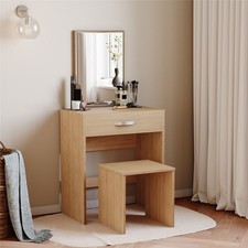 Modern Dressing Table Makeup Vanity Desk Stool Set Mirror Drawer Matte Pine