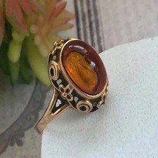 Fine Vintage Soviet Russian 583 14K ROSE GOLD RING Amber Stone Size 8.5 USSR