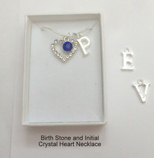 BirthStone & Crystal Heart Birthday Necklace and Initial in Gift Box 