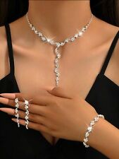 UK Women Ladies Fashion Jewelry Silver White Necklace Earrings Bracelet 4pc Set