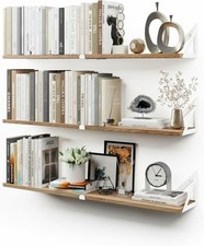 White Metal Bracket Wall Mounted Floating Book Shelves Rustic Wood Set of 3