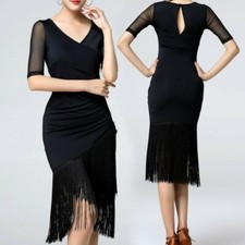 Lady Latin Dance Dress Salsa V-neck Tango Ballroom Costume Tassel Rumba Red YM0