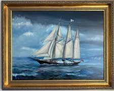 Nautical large oil painting "Sir Winston Churchill" ship Seascape signed framed