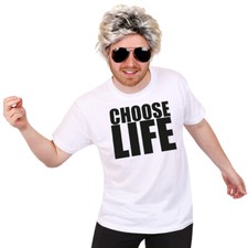 1980'S CHOOSE LIFE T-SHIRT WIG & GLASSES POP STAR CELEBRITY MENS FANCY DRESS
