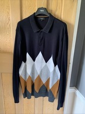 Next Knitted Long Sleeve Polo, Black with White, Grey & Tan Harlequin Design.