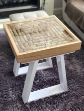 Handmade Bespoke Wine Cork Resin Coffee/ Side Table, Oak Frame, White Metal Legs