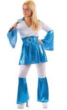 NEW 1970's Mamma Mia Blue & White Abba Ladies Fancy Dress Top & Flares Costume