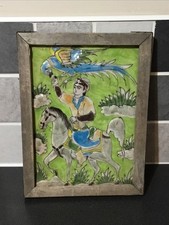 19th Century Persian Qatar Ceramic Hand Painted Tile Hunter On Horseback Glazed