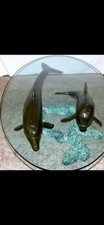 Vintage Bronze Dolphin Coffee Table – Signed “Aug Moreau”, Glass Top.