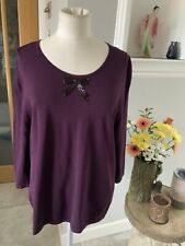 Jacques Vert Women’s 3/4 Sleeve Purple Top With Beaded Black Bow Size Large 