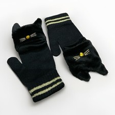 Primark Girls Kids Black & Gold Winter KITTY CAT Fashion Gloves Mittens - M/L