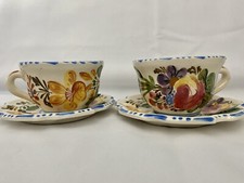 2 Vtg Italy Majolica Style Tea Cup Saucer Sets 4PC Hand Painted EUC