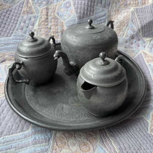 Antique chinese pewter tea set - chinese,