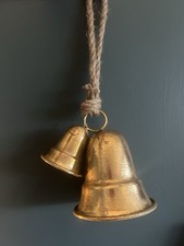 Set 2 Hanging Christmas Bells - Gold Metal Bell Large Xmas Decoration Bauble Set