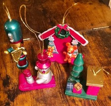 4 Vintage Miniature Wood Christmas Tree Ornaments Snowman Teddy Bears Soldier 