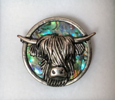 Highland Cow Head Inlaid Paua Shell Brooch